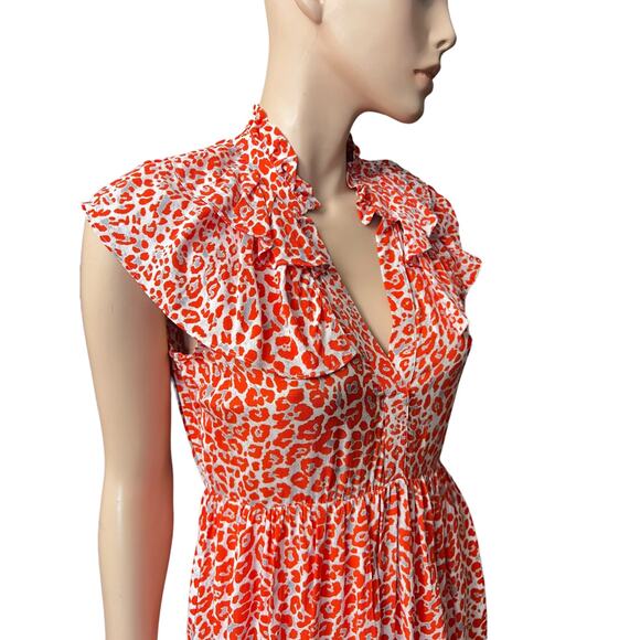 New Maje Leopard Animal Print Ruffles Orange Mini Dress Size M US 100% Viscose - Picture 10 of 15
